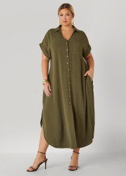 Plus Size Cuffed Textured Maxi Shirtdress, Caramel Cafe, 30/32 - Ashley Stewart