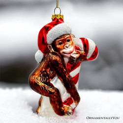 Plus Size Cute Monkey With Candy Cane Glass Christmas Ornament, Adorable Chimp Holiday Tree Decor, Default Title,  - Ashley Stewart