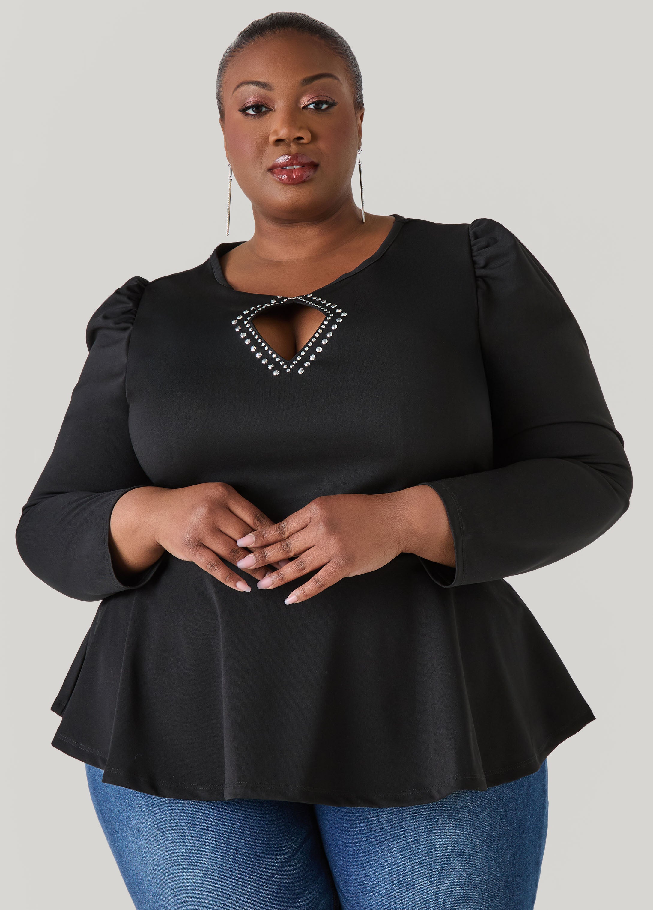 Plus Size Cutout Embellished Peplum Top, Black, 1X - Ashley Stewart