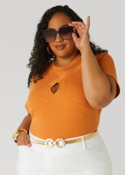 Plus Size Cutout Ribbed Top, Peach Caramel, 14/16 - Ashley Stewart