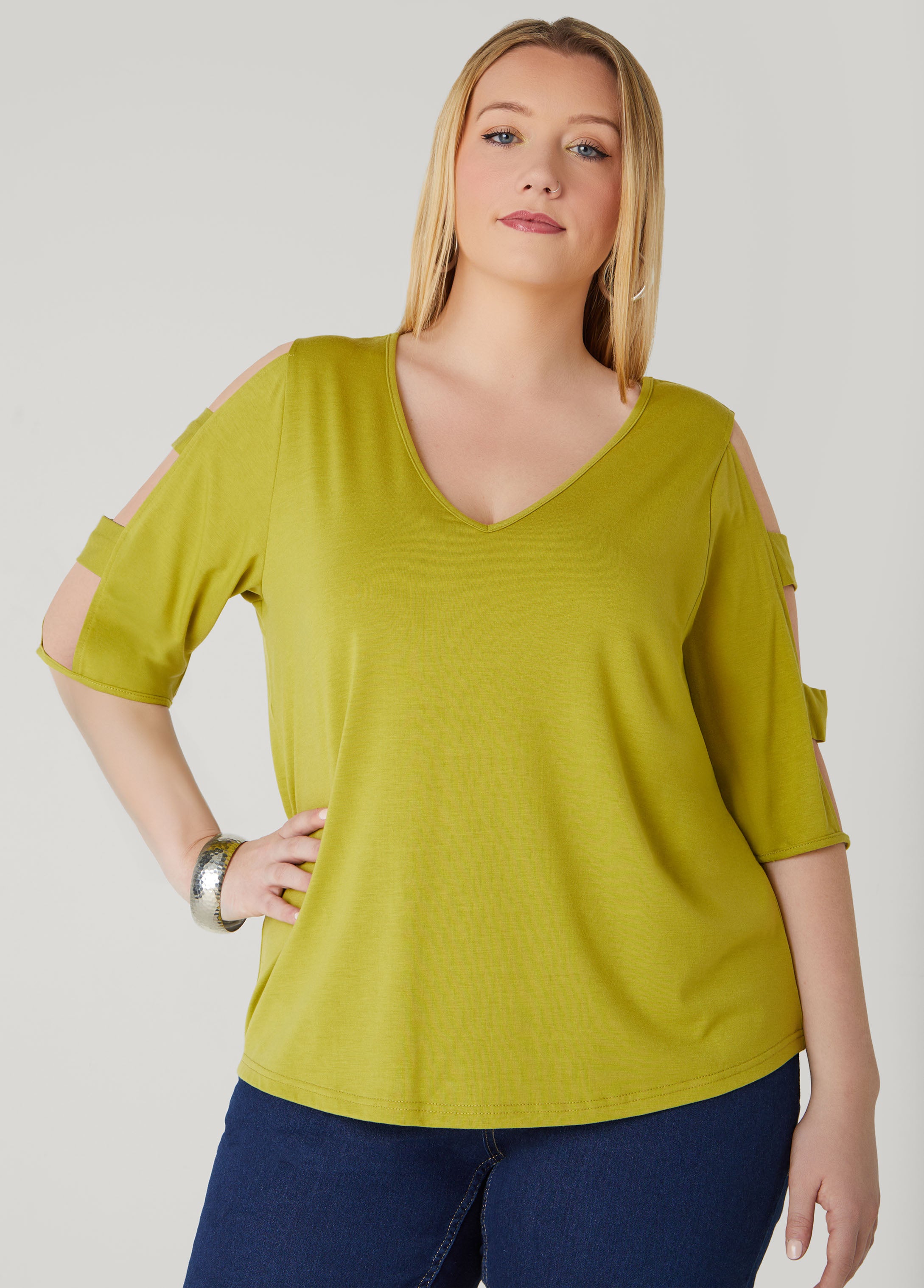 Plus Size Cutout Sleeve Jersey Top, Black, 18/20 - Ashley Stewart