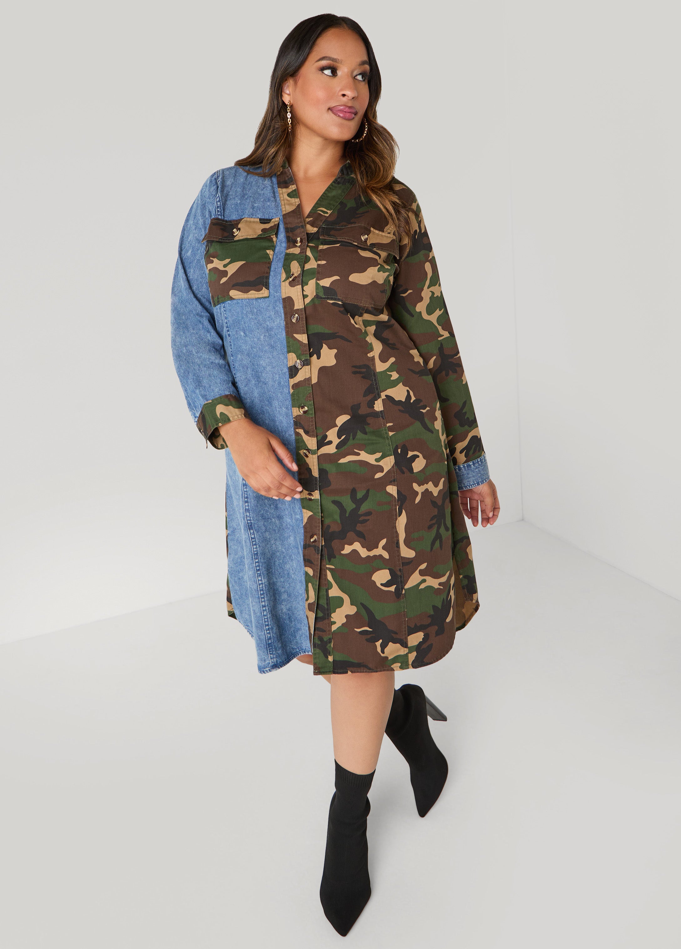 Plus Size Denim Paneled Camo Shirtdress, Multi, 18/20 - Ashley Stewart