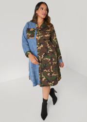 Plus Size Denim Paneled Camo Shirtdress, Multi, 18/20 - Ashley Stewart