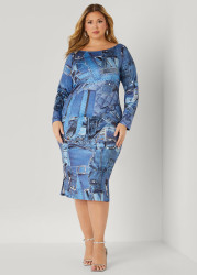 Plus Size Denim Print Bodycon Dress, Denim Blue, 10/12 - Ashley Stewart