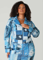 Plus Size Denim Print Moto Jacket, Blue, 22/24 - Ashley Stewart