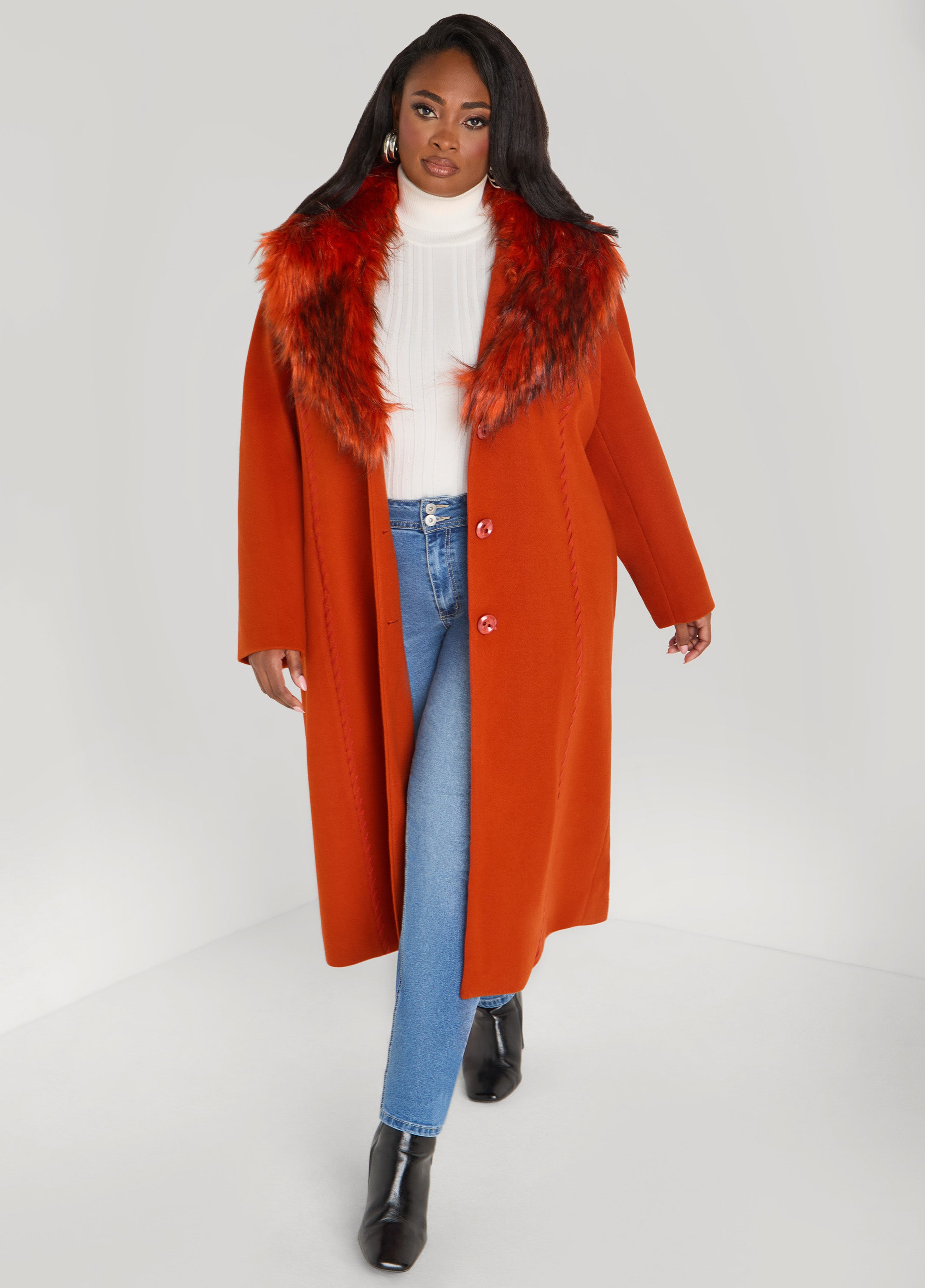 Plus Size Detachable Faux Fur Trimmed Coat, Rust, 14/16 - Ashley Stewart