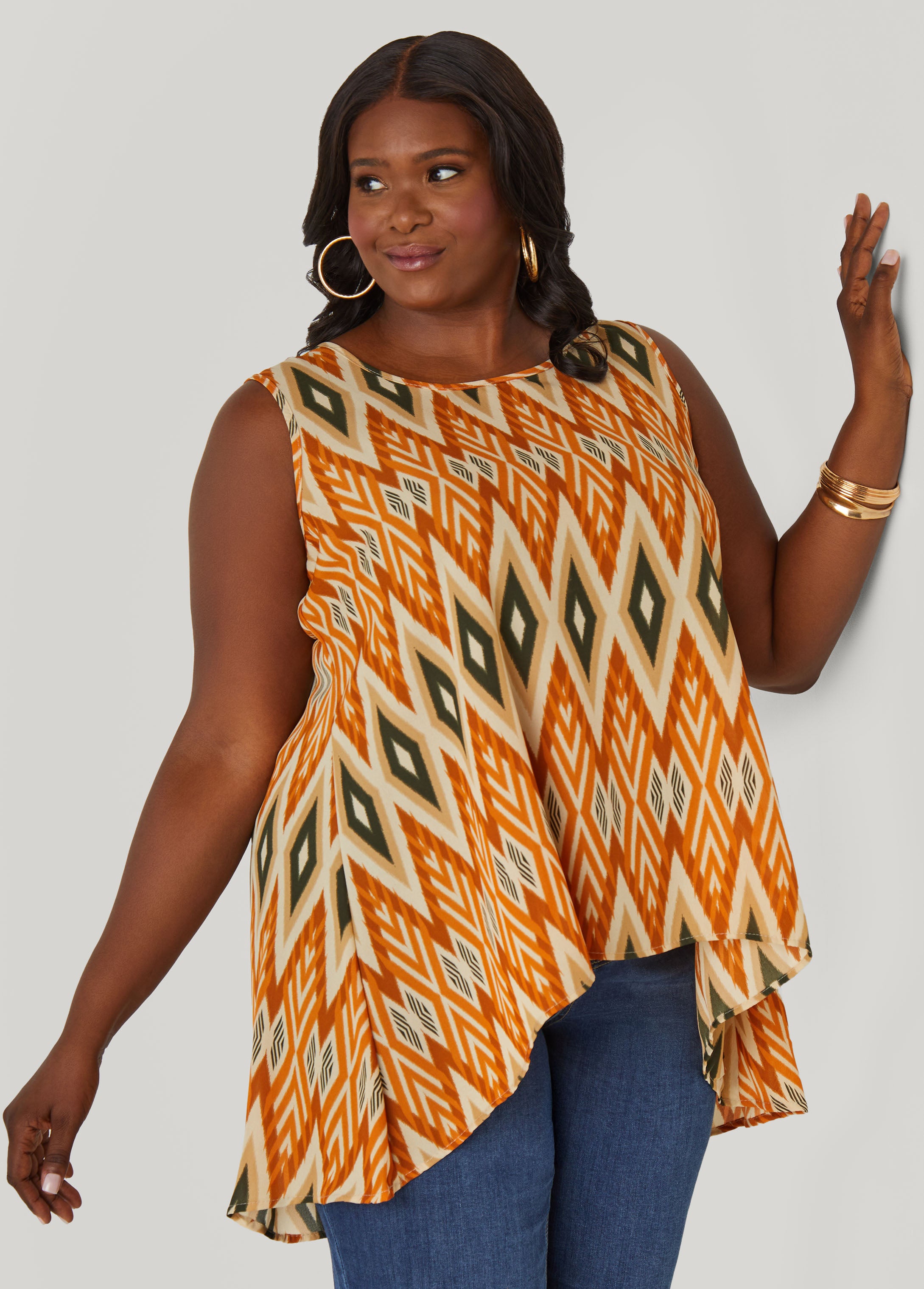 Plus Size Diamond Print Hi Low Top, Multi, 34/36 - Ashley Stewart