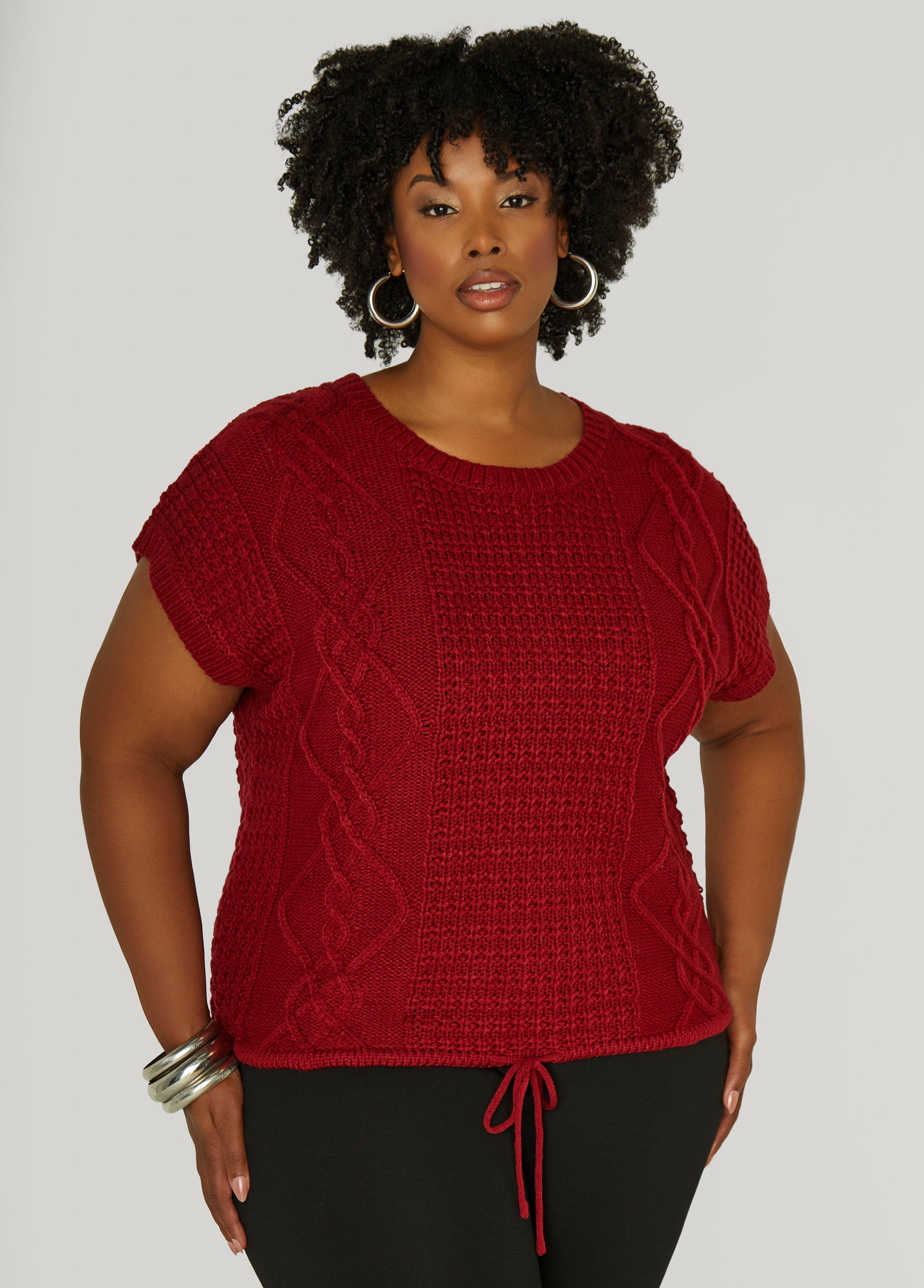 Plus Size Drawstring Cable Knit Sweater, BIKING RED, 18/20 - Ashley Stewart