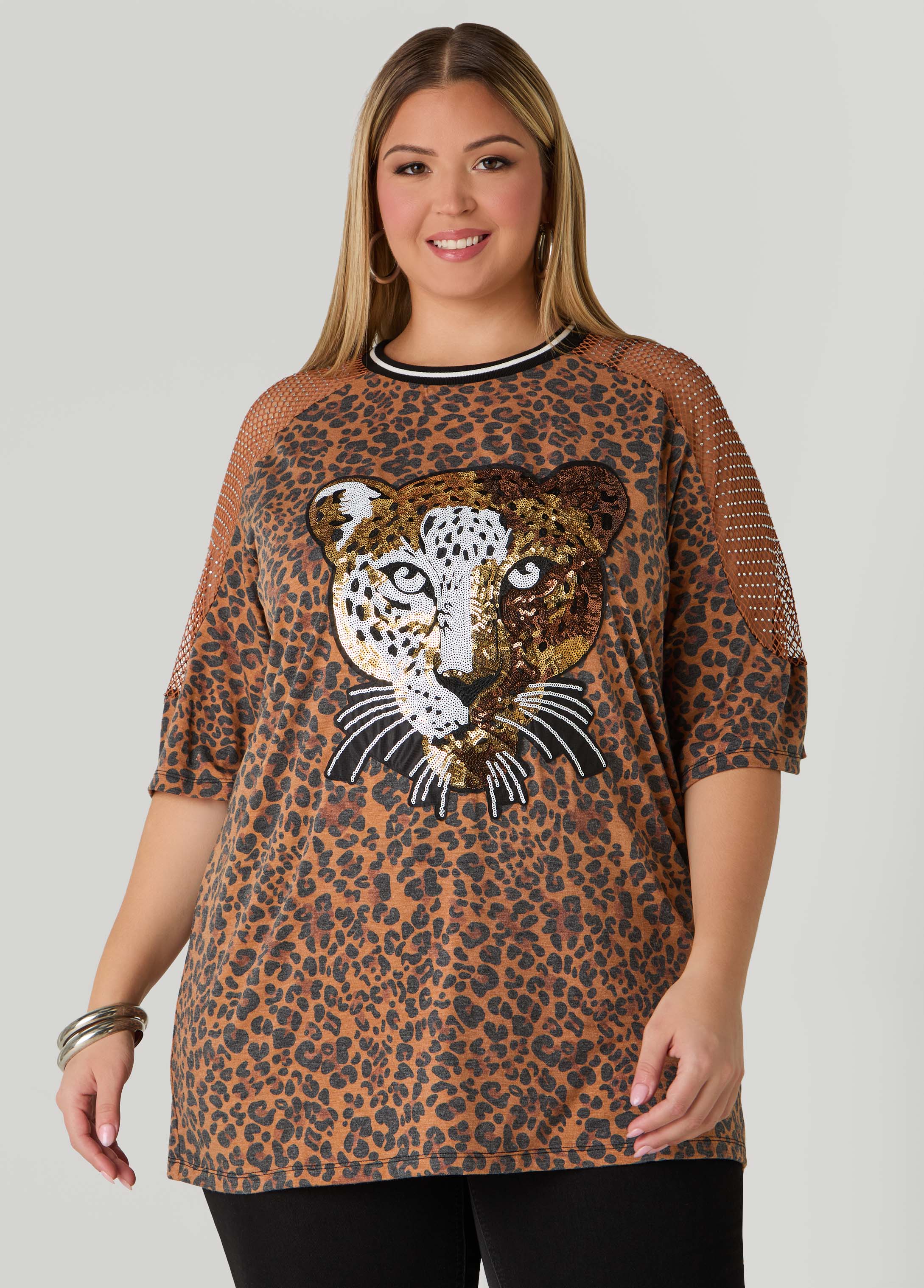 Plus Size Embellished Leopard Jersey Tee, Brown Animal, 22/24 - Ashley Stewart