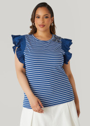 Plus Size Embellished Paneled Striped Top, Navy Peony, 34/36 - Ashley Stewart