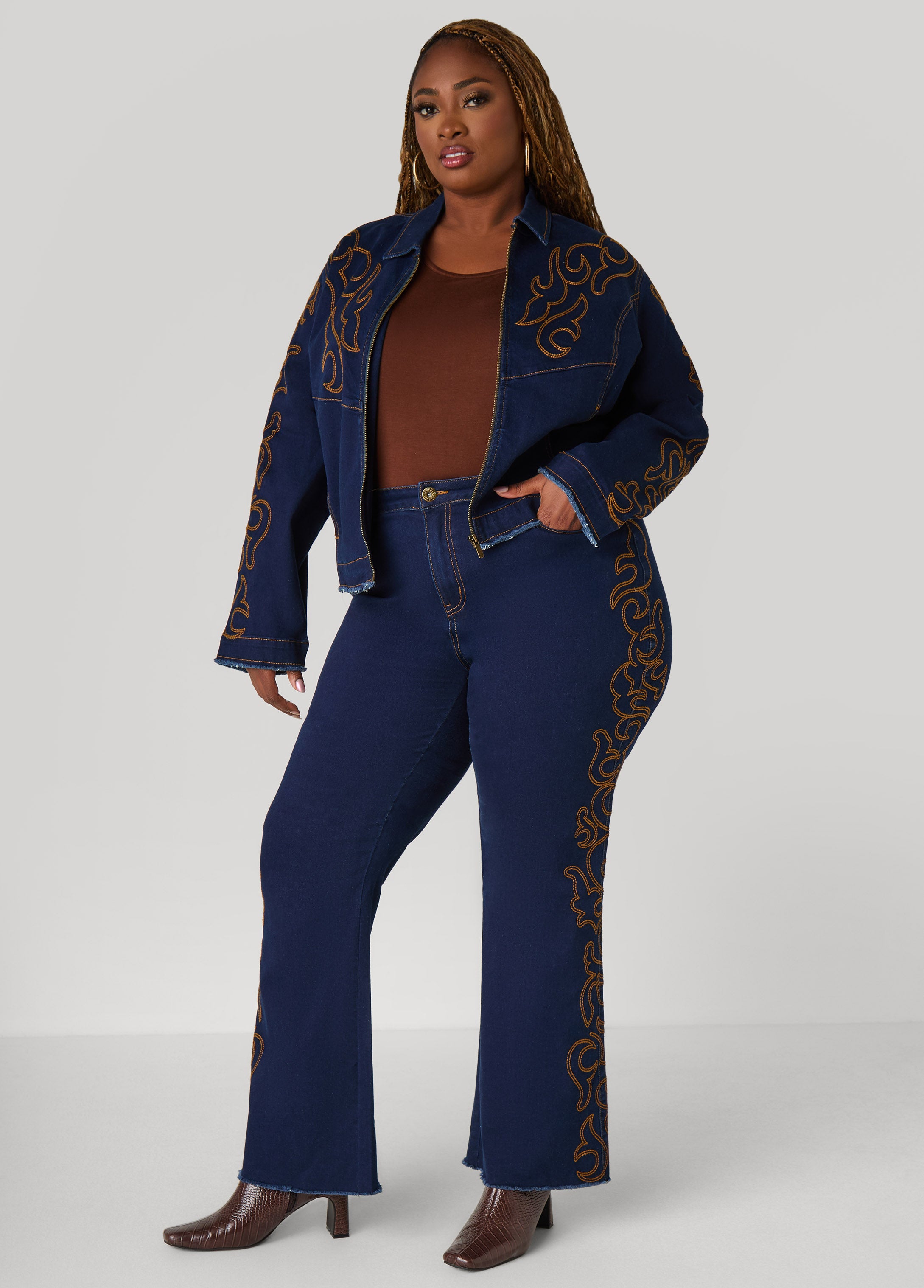 Plus Size Embroidered Flared Jeans, Dk Rinse, 26 - Ashley Stewart