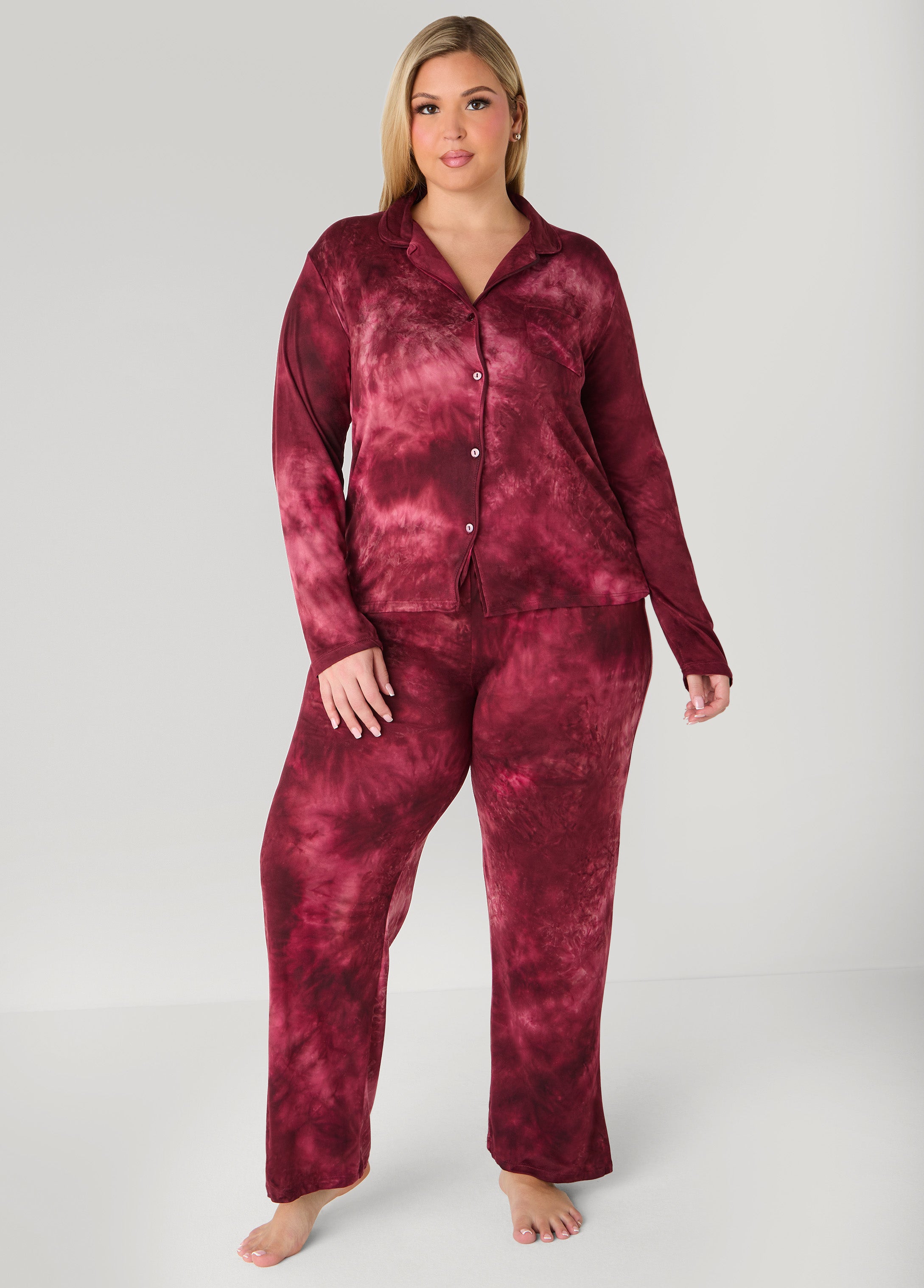 Plus Size Emme Jordan Tie Dyed PJ Set, Burgundy, 1X - Ashley Stewart