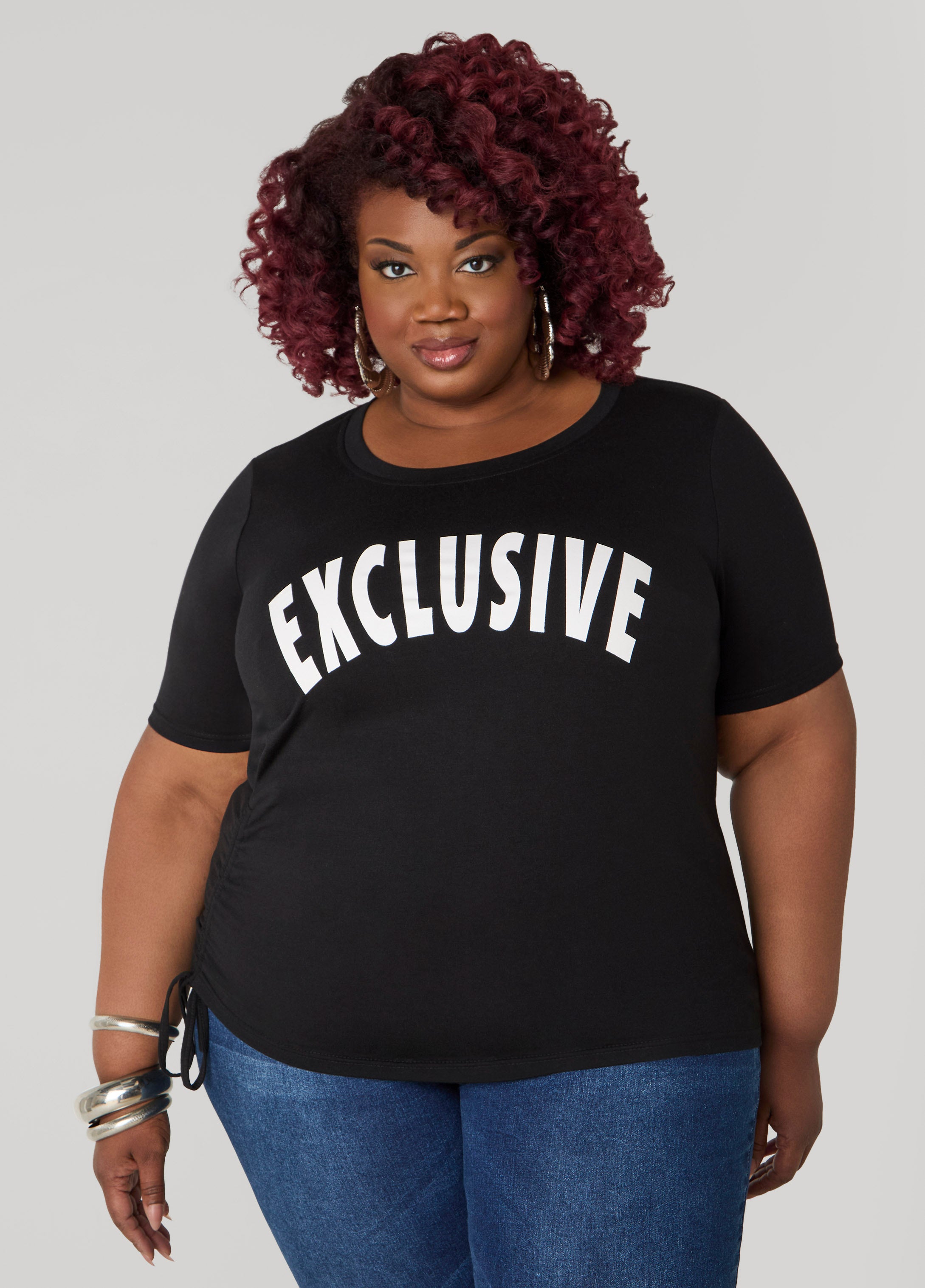 Plus Size Exclusive Drawstring Graphic Tee, Black, 10/12 - Ashley Stewart
