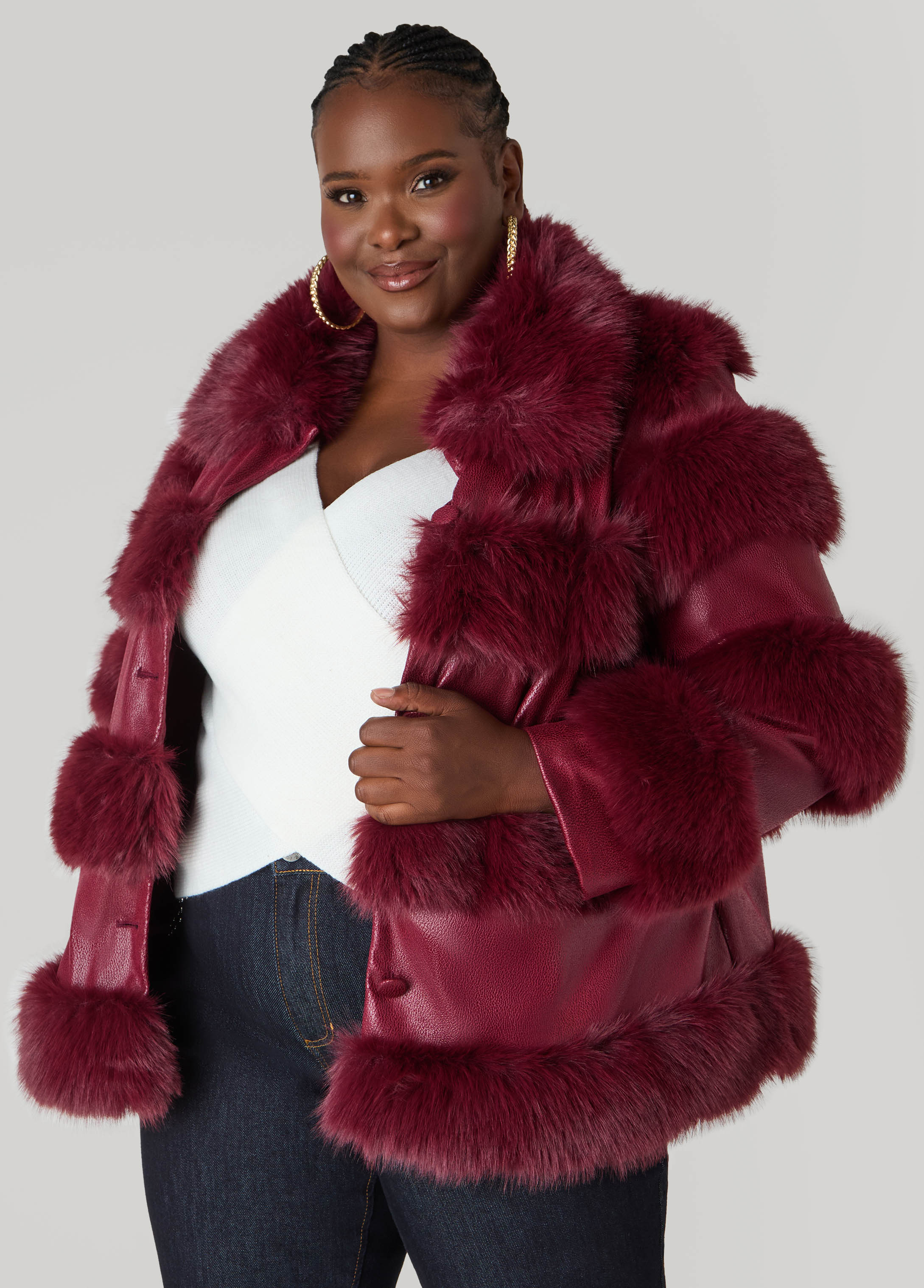 Plus Size Faux Leather And Faux Fur Coat, Burgundy, 14/16 - Ashley Stewart