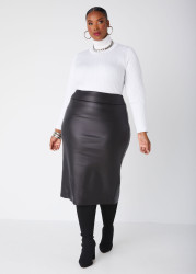 Plus Size Faux Leather Midi Skirt, Black, 32 - Ashley Stewart