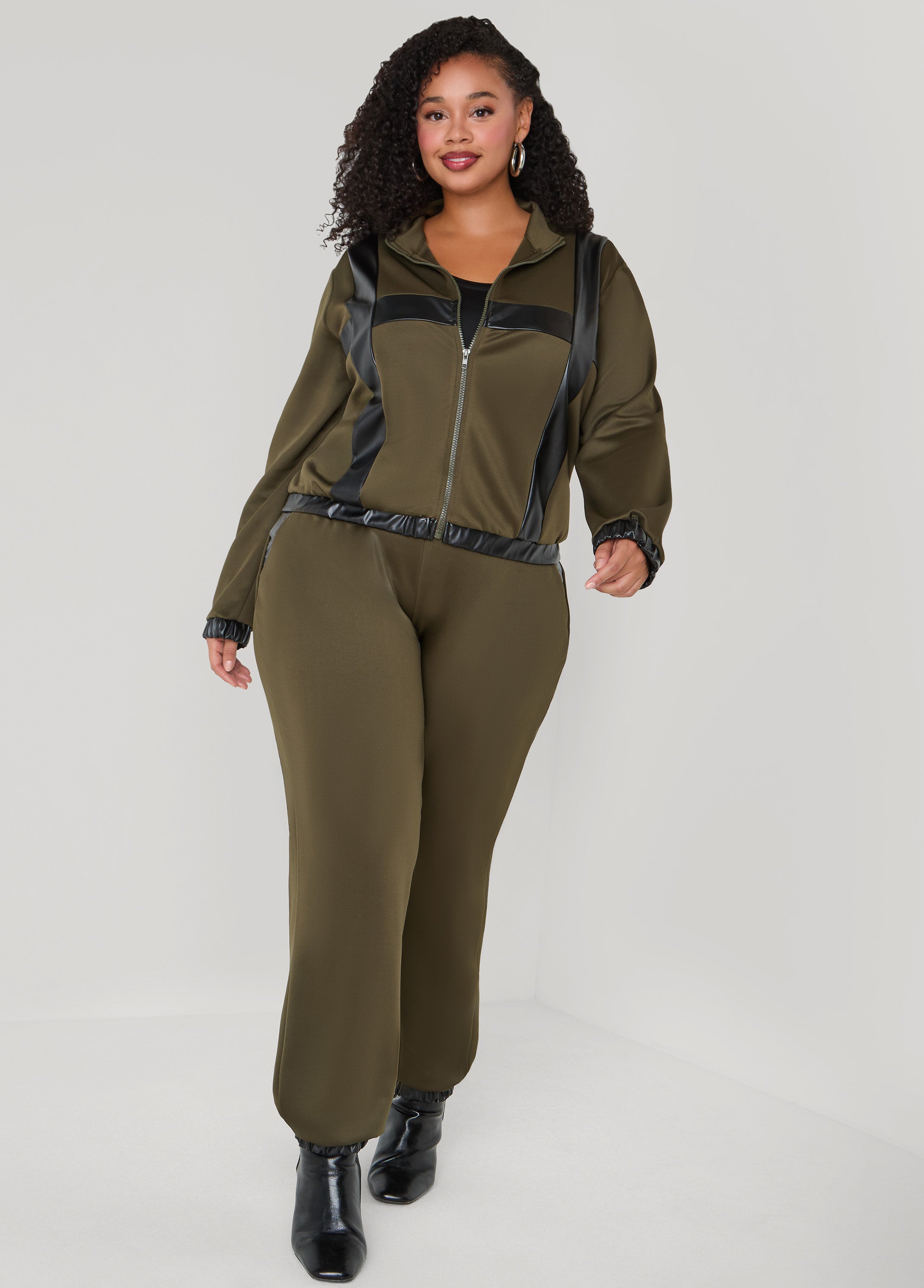 Plus Size Faux Leather Paneled Joggers, Olive, 14/16 - Ashley Stewart