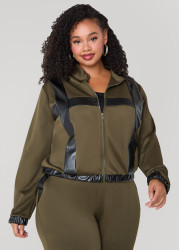 Plus Size Faux Leather Paneled Track Jacket, Wine, 22/24 - Ashley Stewart