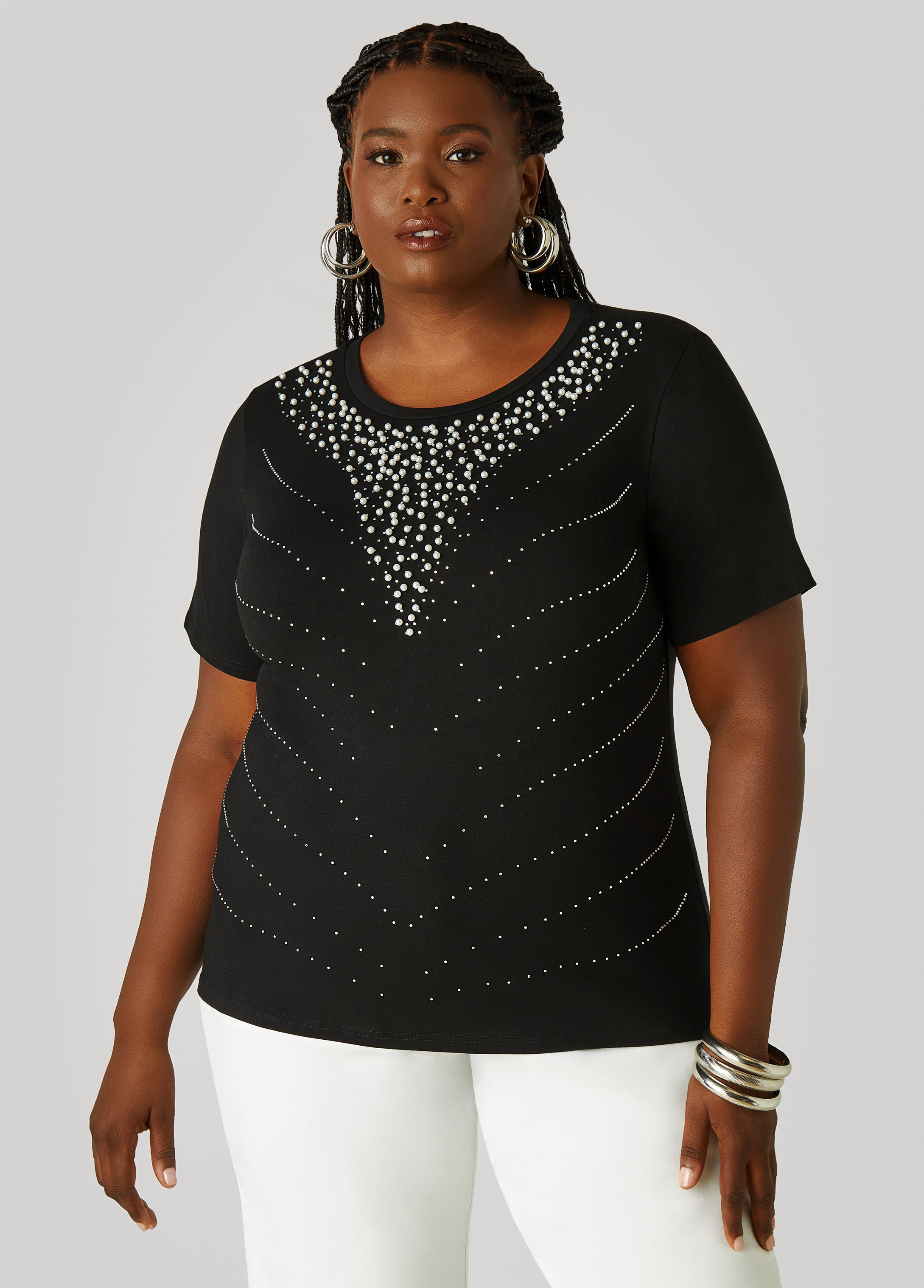 Plus Size Faux Pearl And Crystal Jersey Tee, Black, 22/24 - Ashley Stewart