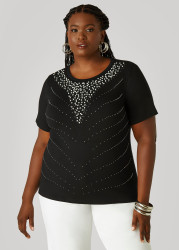 Plus Size Faux Pearl And Crystal Jersey Tee, Black, 22/24 - Ashley Stewart