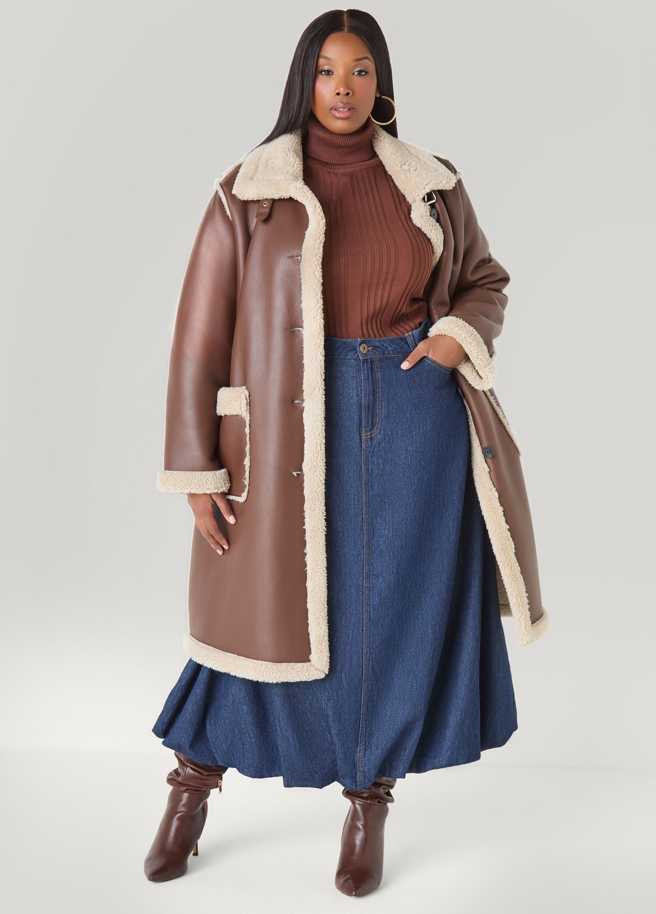 Plus Size Faux Shearling Coat, Brown, 18/20 - Ashley Stewart