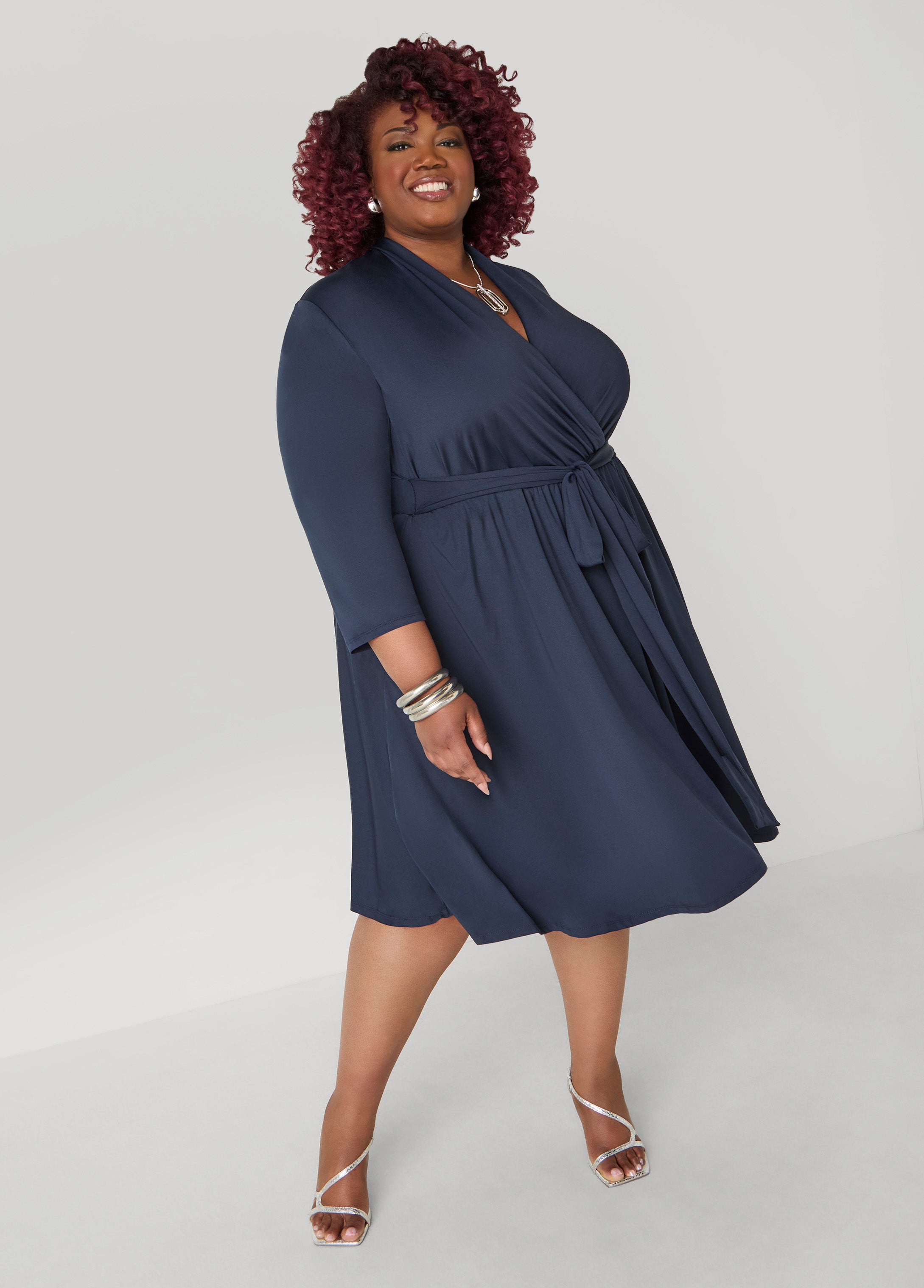 Plus Size Faux Wrap A Line Dress, Navy Blazer, 2X - Ashley Stewart