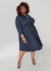 Plus Size Faux Wrap A Line Dress, Navy Blazer, 2X - Ashley Stewart