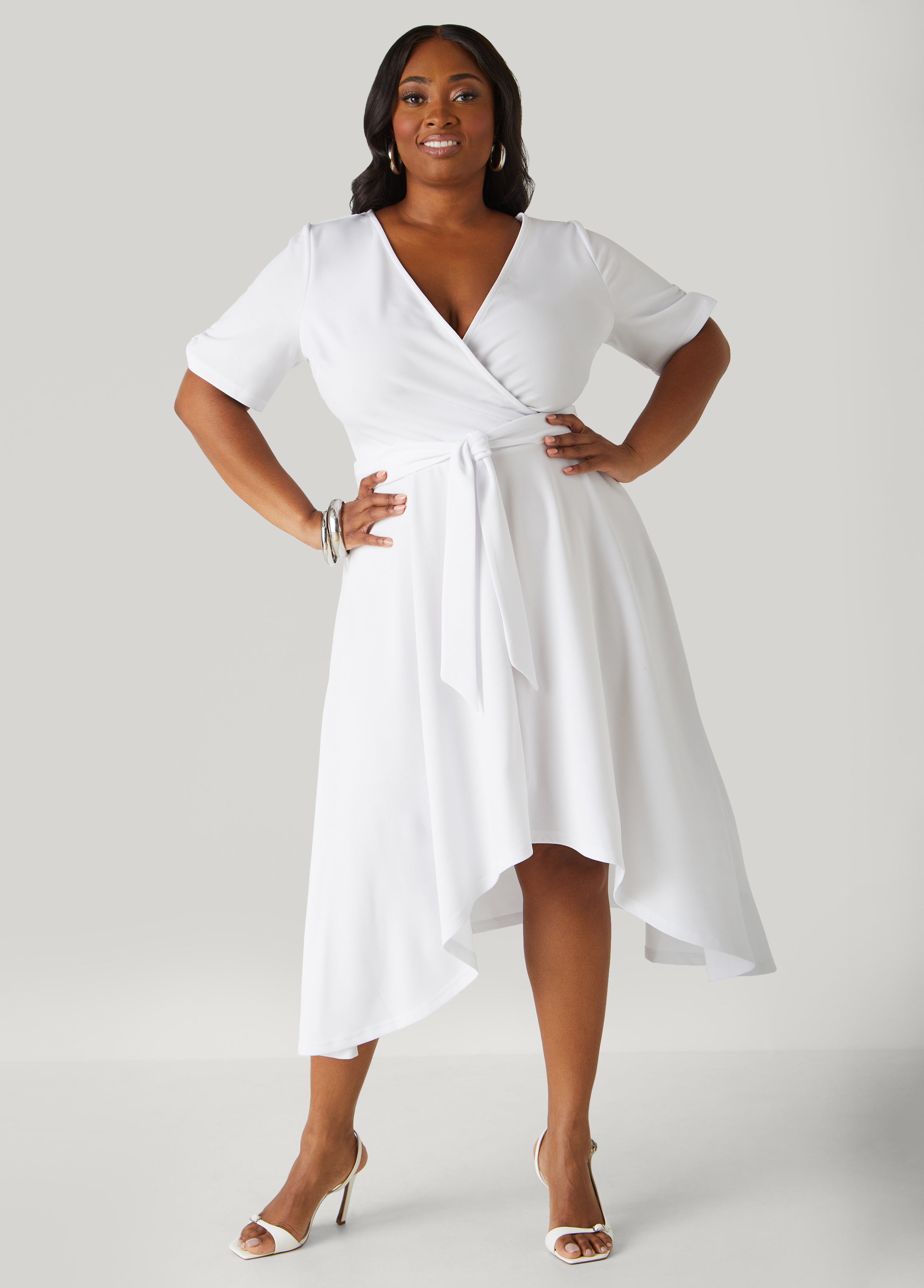 Plus Size Faux Wrap Hi Low Dress, White, 18/20 - Ashley Stewart
