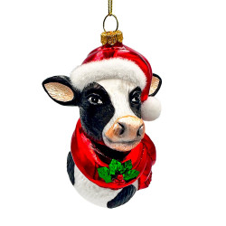 Plus Size Festive Cow in Wreath Blown Glass Christmas Ornament, Farmhouse Theme Tree Decoration, Default Title,  - Ashley Stewart
