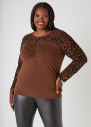 Plus Size Flocked Mesh Paneled Top, Potting Soil, 34/36 - Ashley Stewart