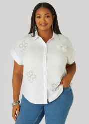 Plus Size Floral Embellished Poplin Shirt, White, 12 - Ashley Stewart