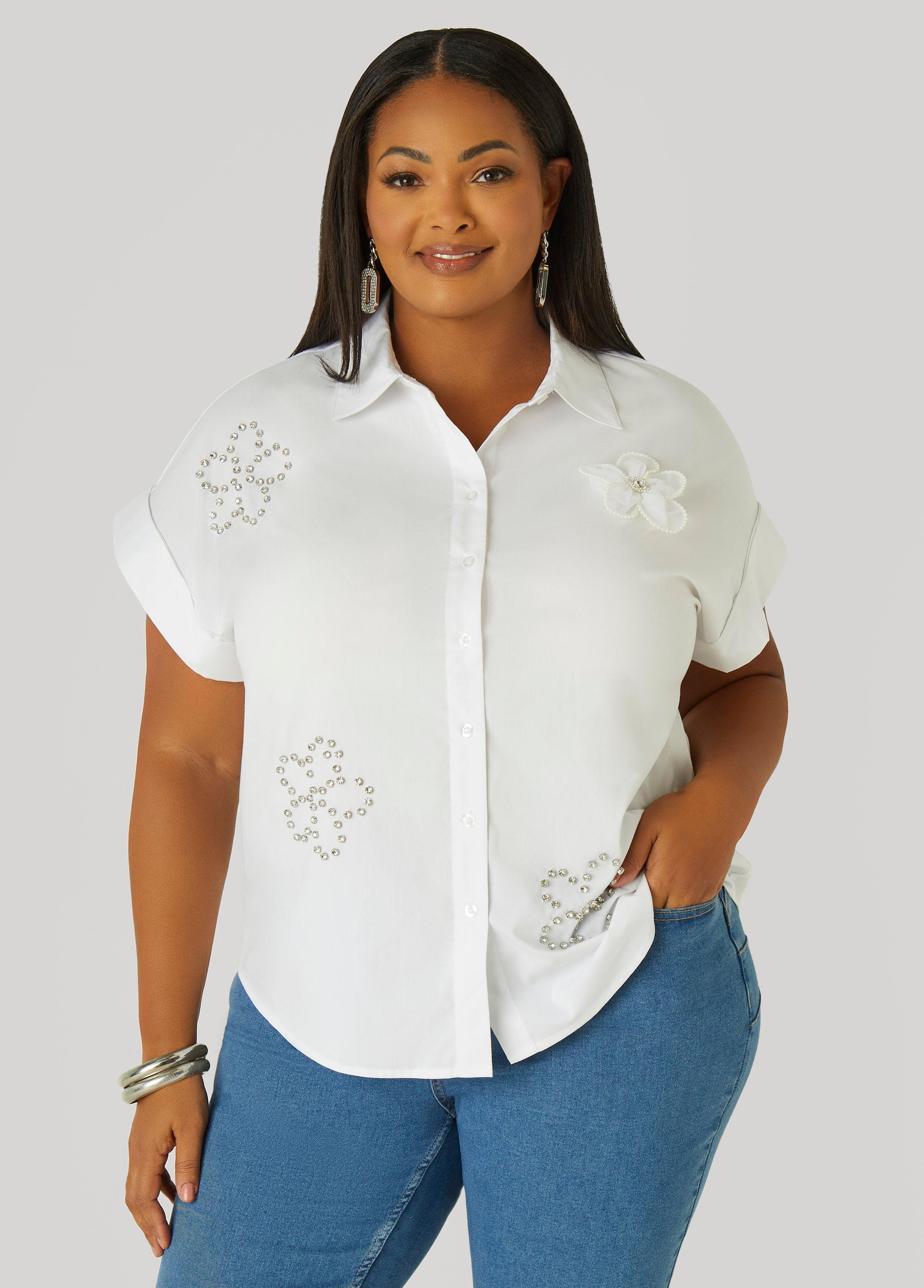 Plus Size Floral Embellished Poplin Shirt, White, 24 - Ashley Stewart