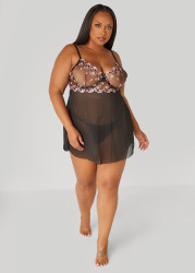 Plus Size Floral Embroidered Babydoll Set, Black, 3X - Ashley Stewart