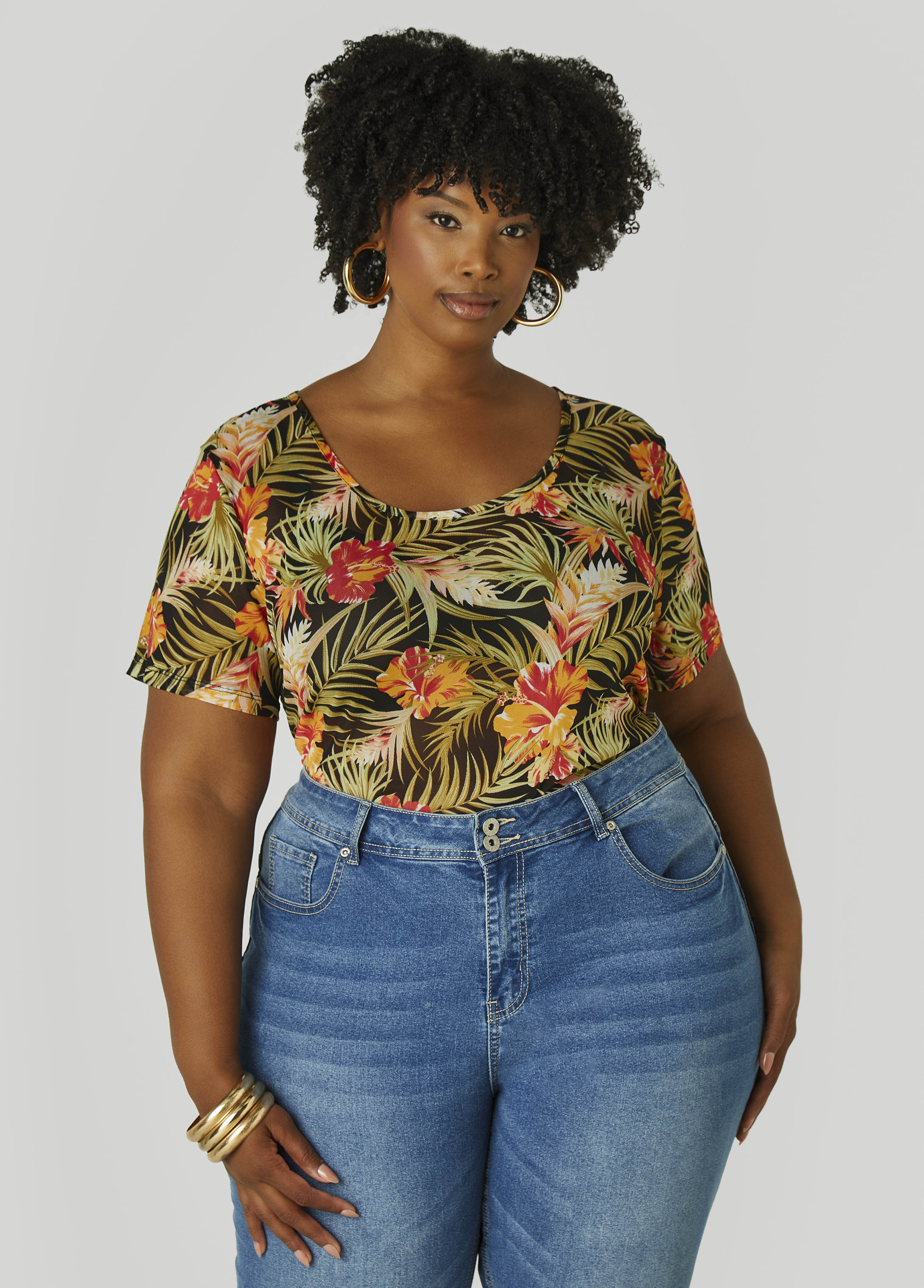 Plus Size Floral Mesh Tee, Multi, 10/12 - Ashley Stewart