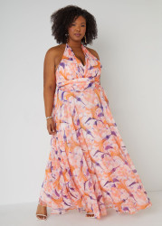 Plus Size Floral Organza Halter Gown, Pink, 18 - Ashley Stewart