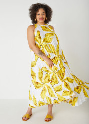 Plus Size Floral Pleated Maxi Dress, Cyber Yellow, 34/36 - Ashley Stewart