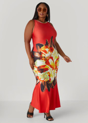 Plus Size Floral Print Bodycon Maxi Dress, Aura Orange, 14/16 - Ashley Stewart