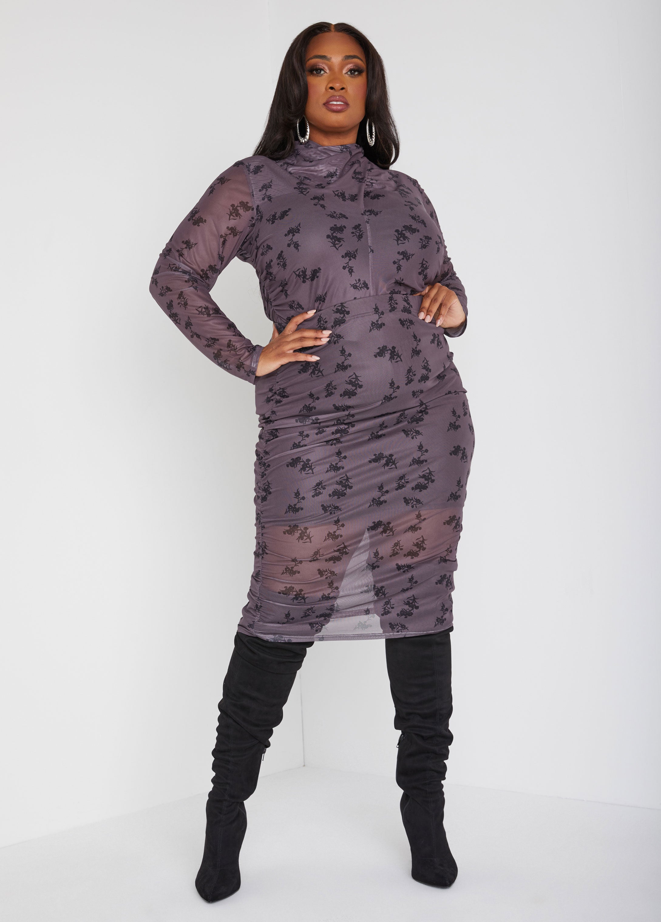 Plus Size Floral Print Mesh Skirt, Black, 34/36 - Ashley Stewart