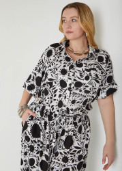 Plus Size Floral Tie Front Cotton Shirt, White Black, 18 - Ashley Stewart