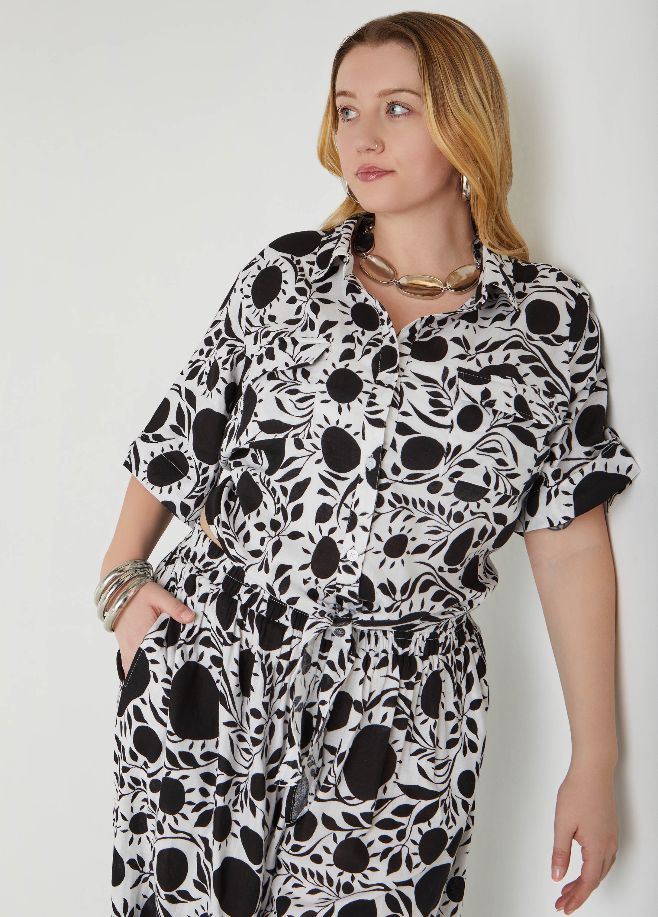 Plus Size Floral Tie Front Cotton Shirt, White Black, 20 - Ashley Stewart