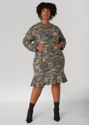 Plus Size Flounced Camo Print Hoodie Dress, Olive, 18/20 - Ashley Stewart