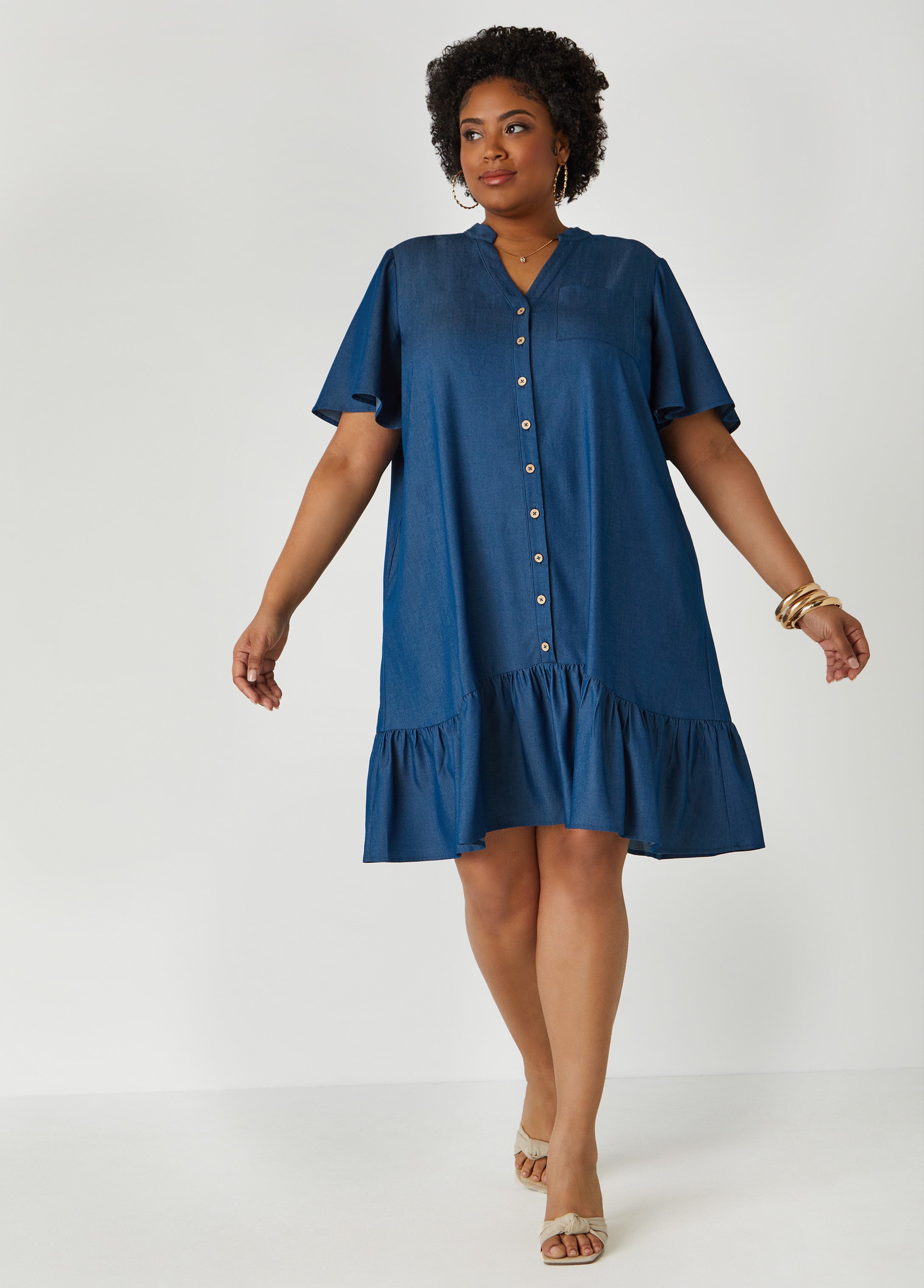 Plus Size Flounced Chambray Shirtdress, Denim Blue, 10 - Ashley Stewart