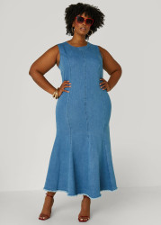 Plus Size Flounced Denim Bodycon Dress, Denim Blue, 22/24 - Ashley Stewart