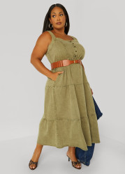 Plus Size Flounced Denim Maxi Dress, Deep Depths, 18/20 - Ashley Stewart