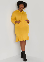 Plus Size Flounced French Terry Hoodie Dress, Mustard, 10/12 - Ashley Stewart