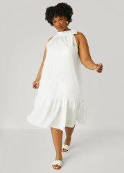 Plus Size Flounced Tie Neck Midi Dress, White, 10 - Ashley Stewart