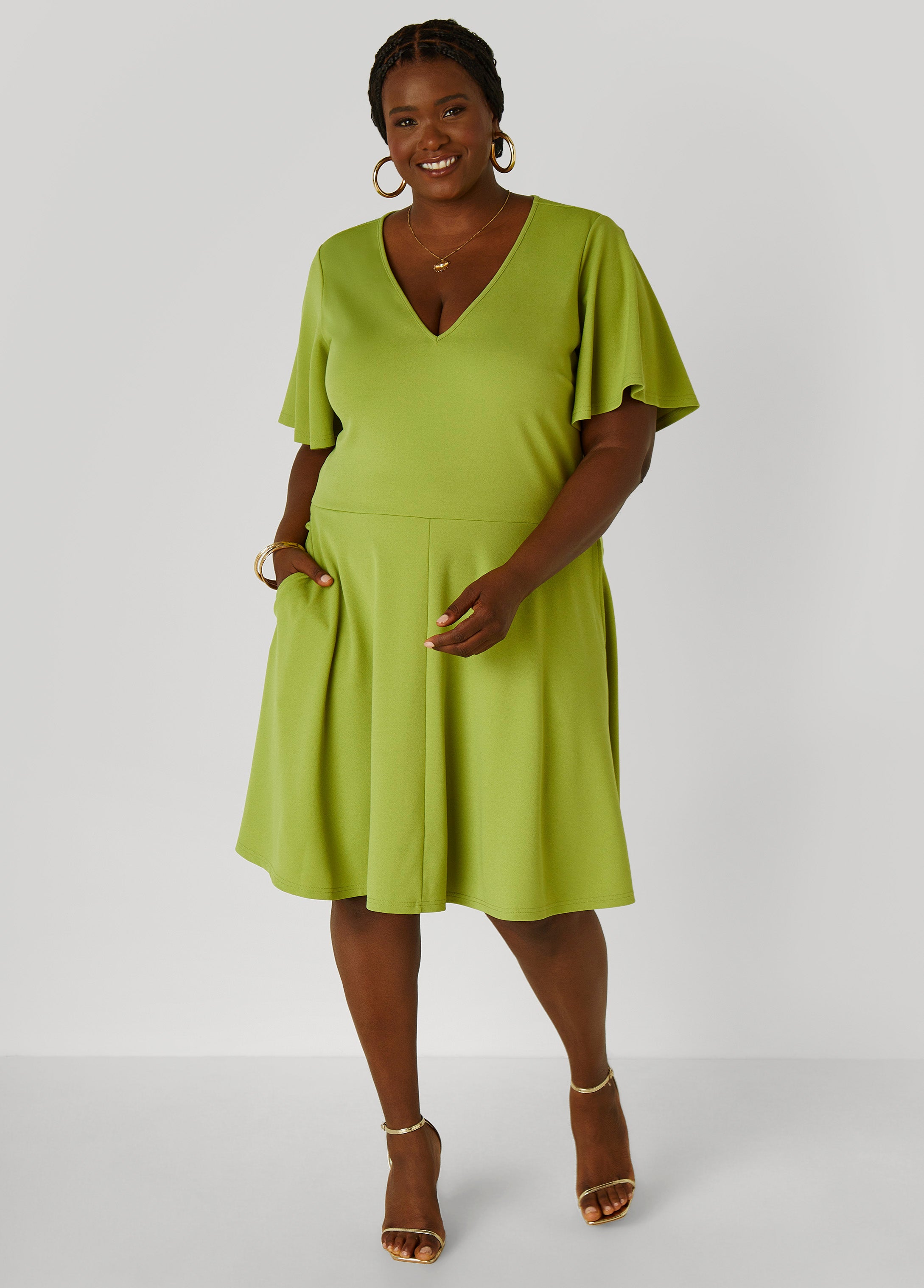 Plus Size Flutter Sleeved A Line Dress, Dark Citron, 22/24 - Ashley Stewart