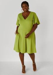 Plus Size Flutter Sleeved A Line Dress, Dark Citron, 22/24 - Ashley Stewart