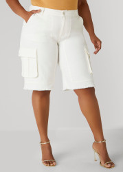 Plus Size Frayed Cargo Bermuda Shorts, White, 34 - Ashley Stewart