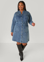 Plus Size Frayed Denim Shirtdress, Dk Wash, 30/32 - Ashley Stewart