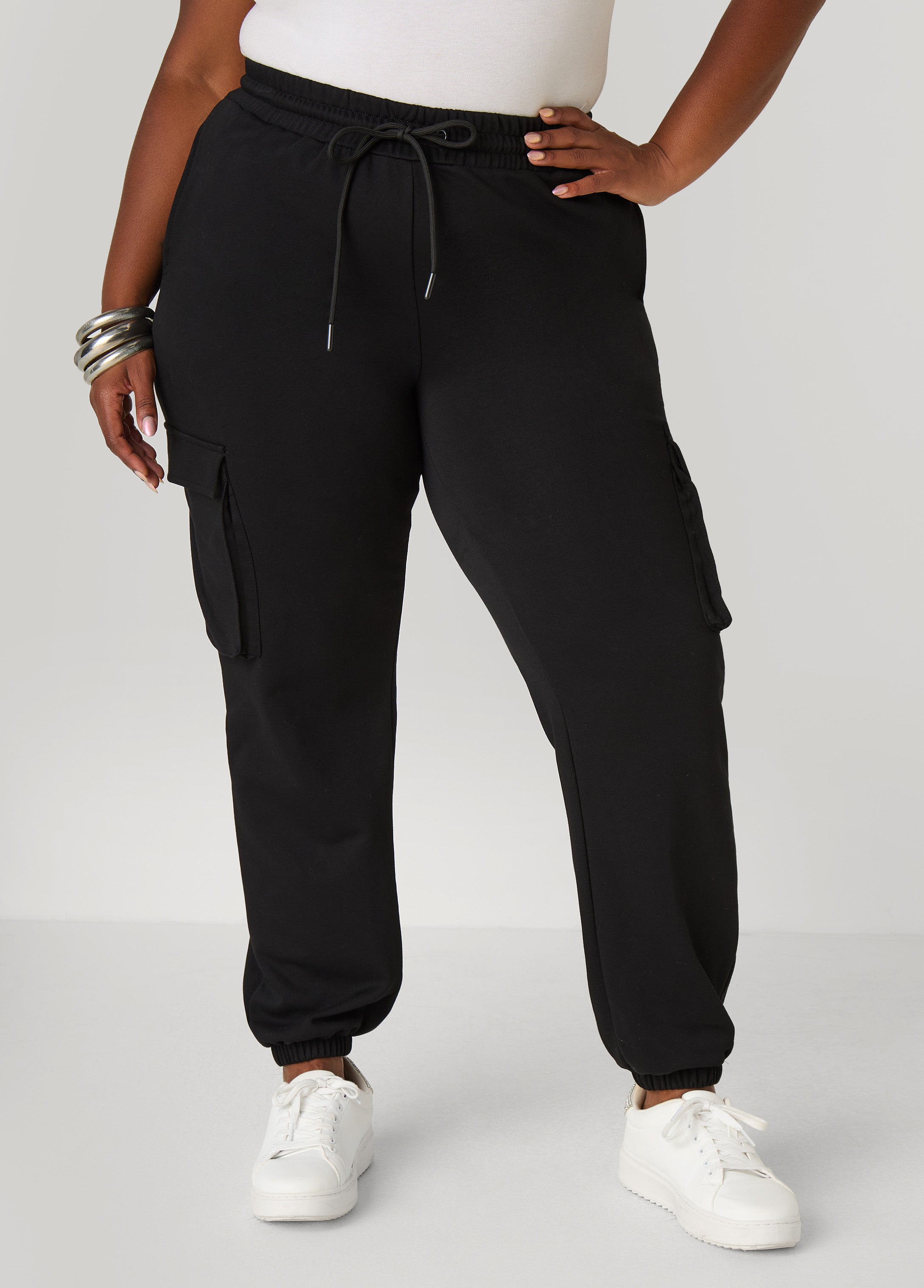 Plus Size French Terry Cargo Joggers, Black, 22/24 - Ashley Stewart